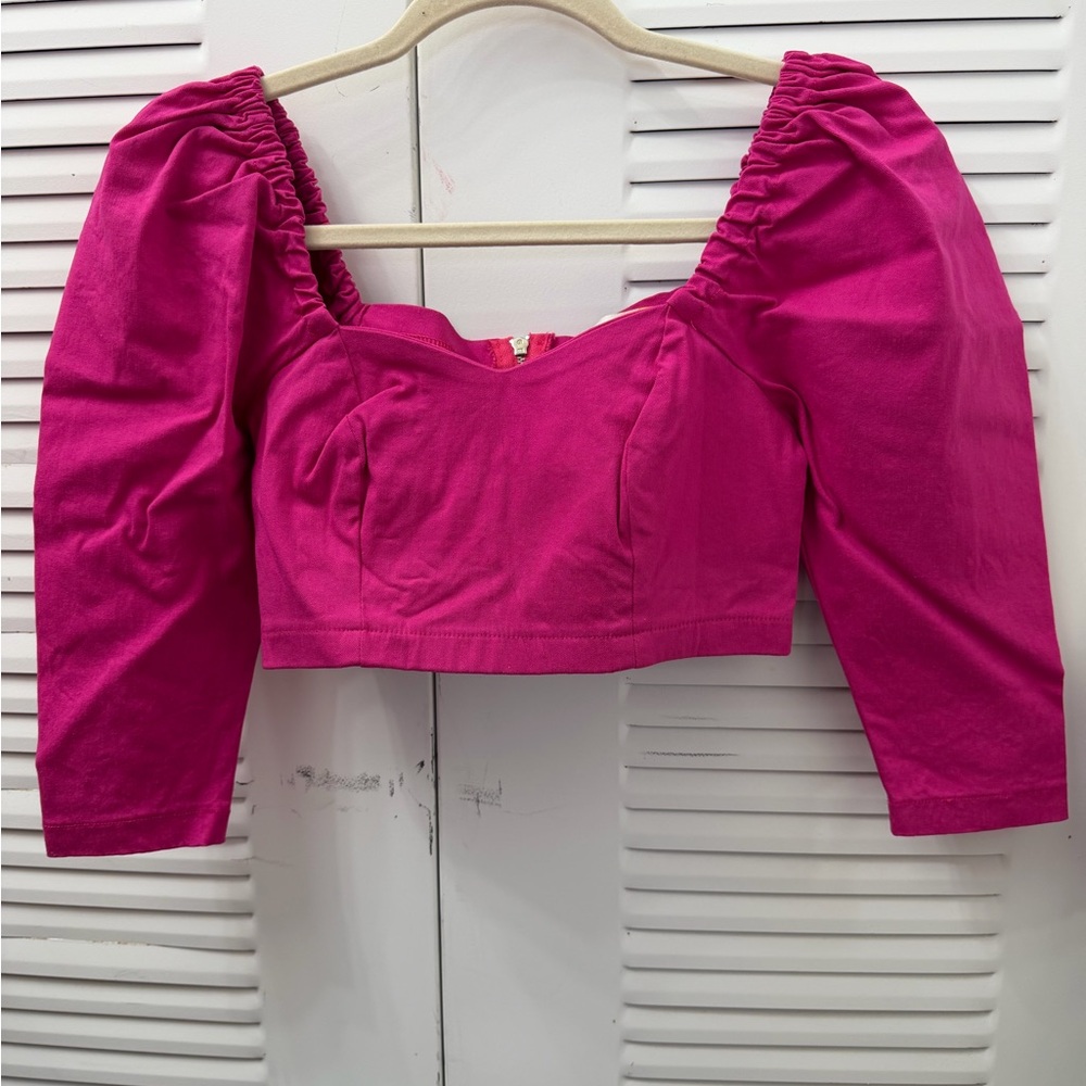 Women's Pink Puff Sleeve Crop Top #048